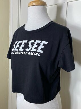 See See Motorcycle Racing Black White Graphic Crop Short Sleeve T Shirt XS